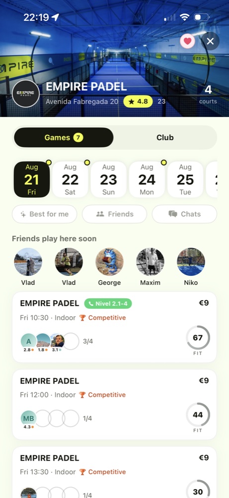 Padel club page with its open games