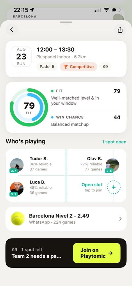 Fit score and win chance for a padel game in BallBall