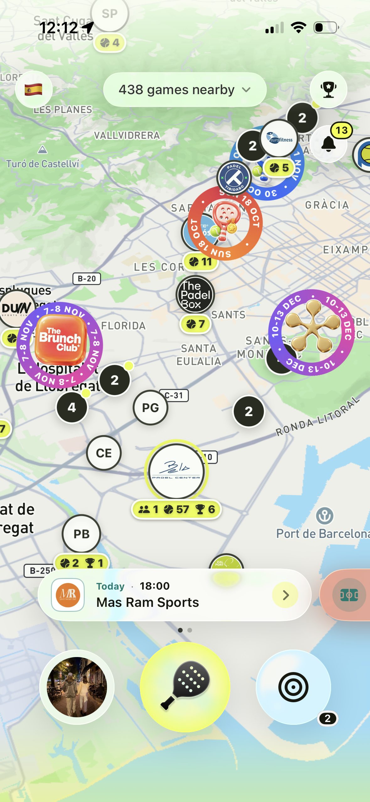 Actual BallBall screen with 438 games nearby, clubs, game counts, tournaments and social events